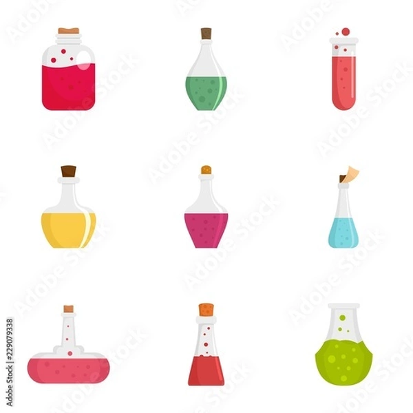 Fototapeta Alchemy potion icon set. Flat set of 9 alchemy potion vector icons for web design