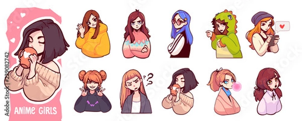 Fototapeta A set of cute anime girls illustrations in various clothes doing different activities with different expressions. Stickers or badges