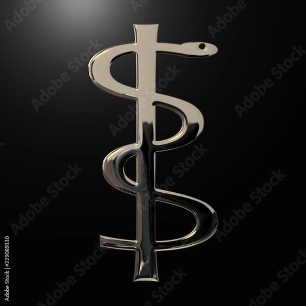 Fototapeta Rod of Asclepius, aesculapian staff with 3D rendering and metal texture (chrome, steel, silver), design item for medical or pharmaceutical websites, concept of health, science, research
