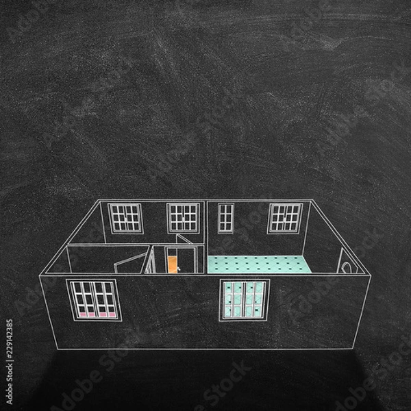 Obraz Chalk sketch drawing on blackboard of empty home apartment with floor materials