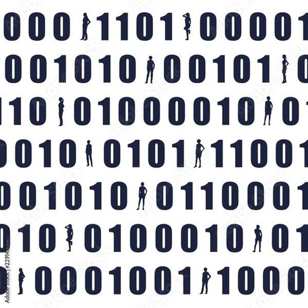 Obraz Binary code background with silhouettes of women. Algorithm binary, data code, decryption and encoding, row matrix