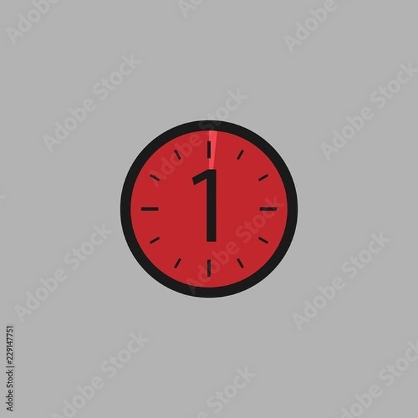 Fototapeta One Second Clock on gray background. Stopwatch icon in flat style, red timer. Sport clock.