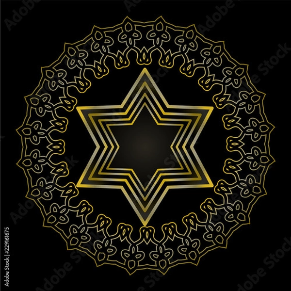 Fototapeta Star of David on black background. Isolated jewish religious motif. Golden David star in circle frame with antiquarian embossed floral ornament. Vector illustration