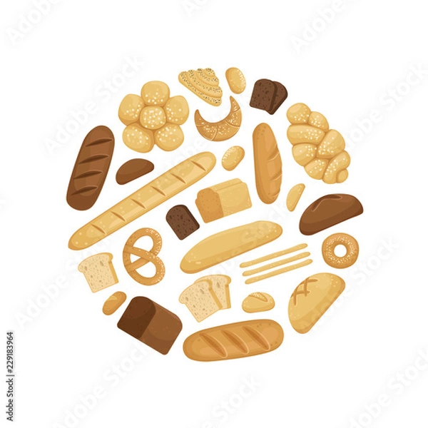 Fototapeta Vector cartoon bakery elements in circle shape illustration. Bread food and baguette, fresh breakfast, bun and bagel
