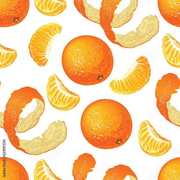 Fototapeta Seamless pattern with tangerines, mandarin slices and peel on a white background.