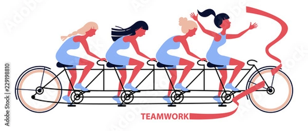 Fototapeta womans group riding fast on four person tandem bicycle, woman in good coordination. Successful collective teamwork cooperation concept. Flat vector illustration isolated on white background.