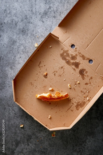 Fototapeta Pudełko na pizzę z lewami. Pusty karton po pizzy widziany z góry. Widok z góry.