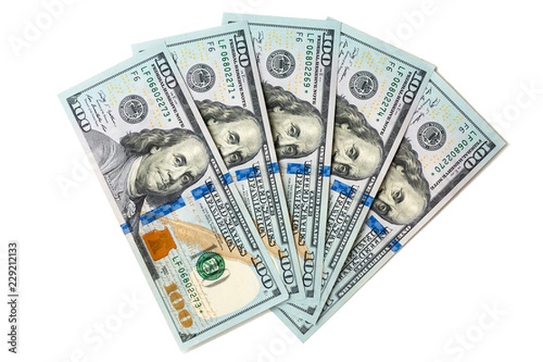 Fototapeta Five hundred dollars close-up, isolated on white