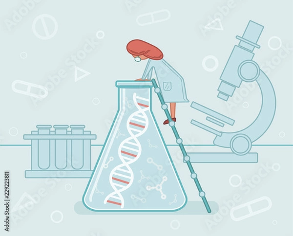 Fototapeta Genome sequencing, DNA, DNA research, scientist in the laboratory, medicine, illustration, vector.