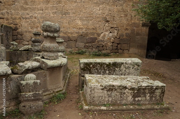 Obraz Бетонные сооружения, покрытые лишайником, возле старинной кирпичной стены!