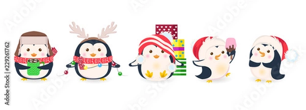 Fototapeta Cute penguins set. Xmas cartoon vector illustration. Christmas penguin characters