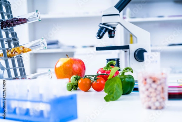 Fototapeta Chemical Laboratory of the Food supply . Food in laboratory, dna modify .GMO Genetically modified food in lab 