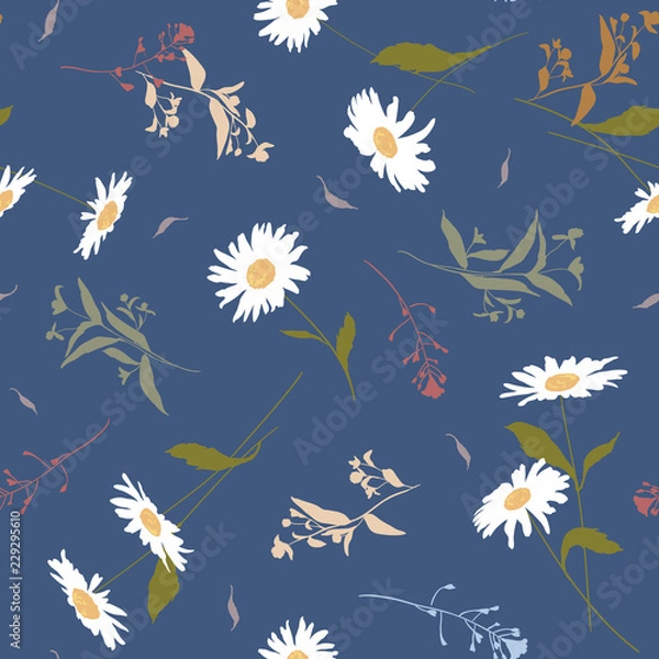 Fototapeta Seamless vector floral pattern with meadow flowers hand-drawn in sketch style in soft pastel colors on blue background