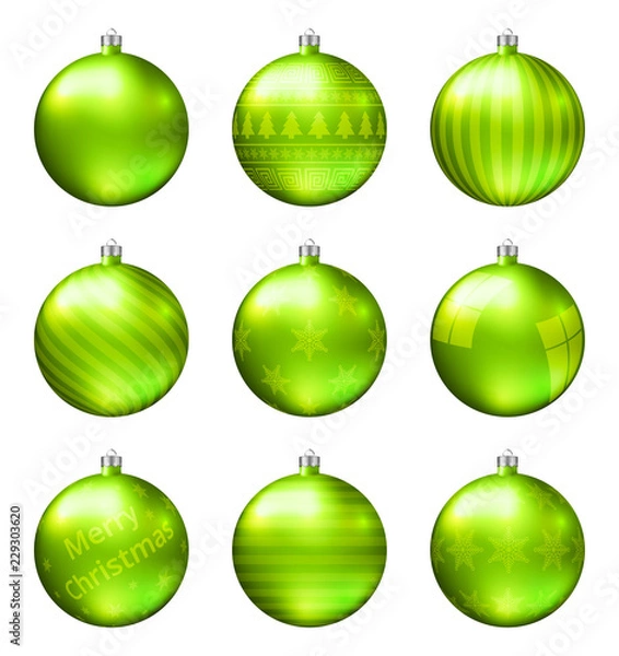 Fototapeta Light green christmas balls isolated on white background. Photorealistic high quality vector set of christmas baubles. Different pattern.