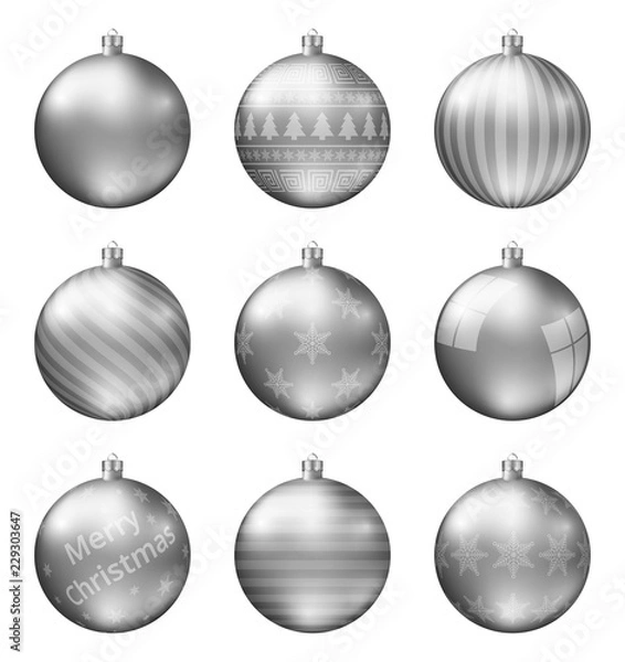 Fototapeta Silver christmas balls isolated on white background. Photorealistic high quality vector set of christmas baubles. Different pattern.