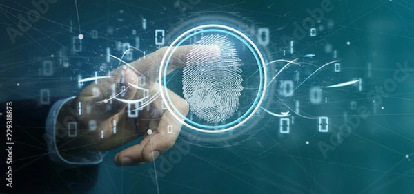 Fototapeta Businessman holding a Digital fingerprint identification and binary code 3d rendering