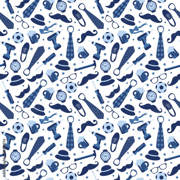 Fototapeta Seamless pattern of Fathers day. Flat set icons on white background.