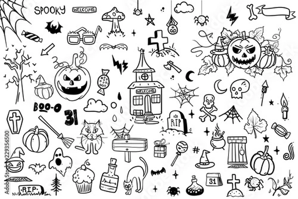 Fototapeta vector hand drawn Doodle cartoon collection set of icon and symbols about the Halloween day.