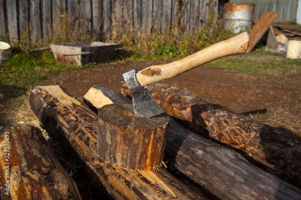 Fototapeta Iron ax with a wooden handle in a tree deck. Stump giving summer in the background of a green grass glade sunny day