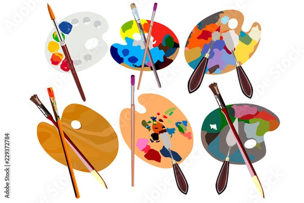 Obraz Set. Wooden palette for oil paints with brushes and palette knife isolated on white background. Top view.