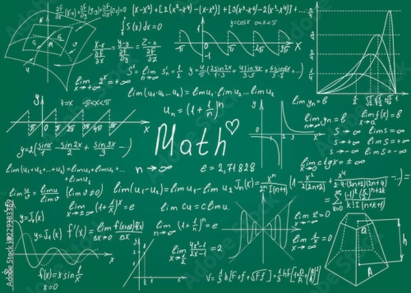Fototapeta Mathematical formulas drawn by hand on the green chalkboard for the background. Vector illustration.