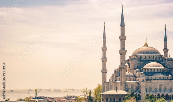 Obraz Minarety i kopuły niebieskiego meczetu z Bosporus i Marmara Sea w tle, Stambuł, Turcja. Piękny krajobraz o zachodzie słońca.