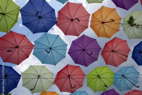 Obraz colorful umbrellas under sky soft focused background