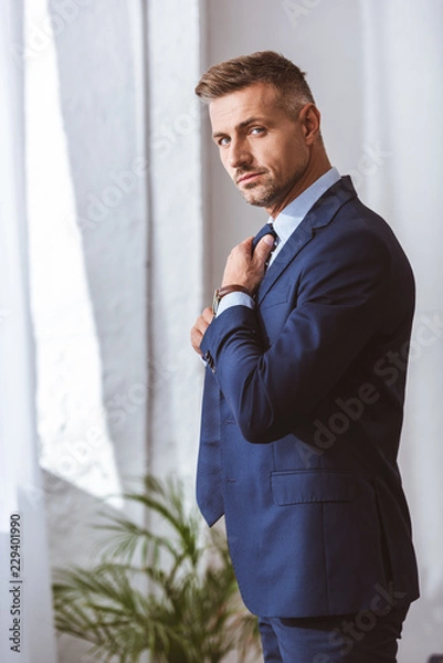 Obraz handsome man in suit wearing necktie and looking at camera