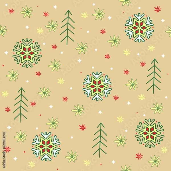 Fototapeta Christmas or New Year colored pattern with snowflakes and Christmas trees