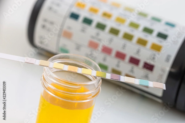 Fototapeta Strip of pH paper resting on specimen, with comparison chart box