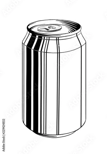 Fototapeta Hand drawn sketch of aluminum can in black isolated on white background. Detailed vintage style drawing, for posters, decoration and print.. Vector illustration