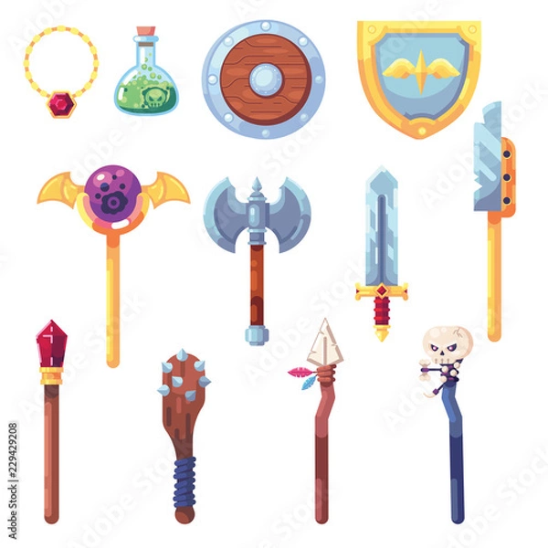 Fototapeta Weapon RPG game set equipment loot booty bow sword wand staff poison things artifact inventory vector