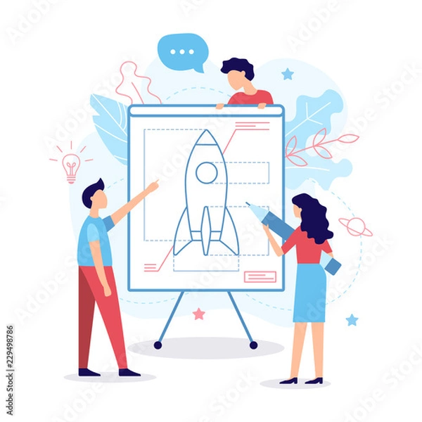 Fototapeta The development team creates a drawing of the rocket. Business concept. Teamwork. Web development. Flat vector illustration.