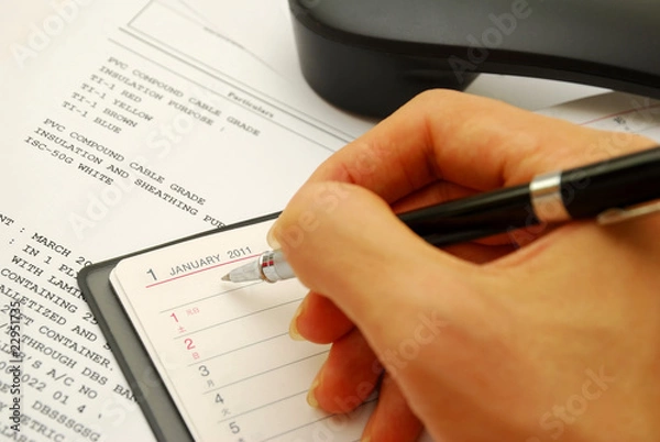 Fototapeta Writing with black pen on planner