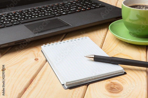 Fototapeta Top view office stuff with laptop and coffee