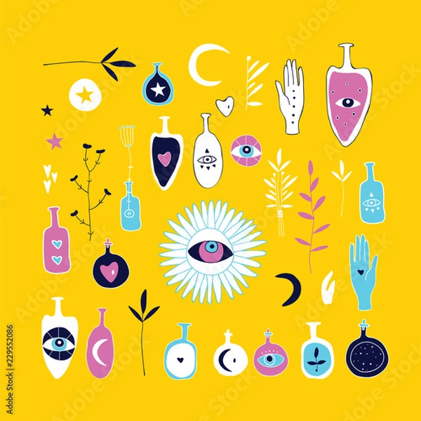 Obraz Hand drawn magical esoteric mystic elements on yellow background