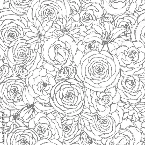 Fototapeta Vector seamless pattern with rose, lily, peony and chrysanthemum flowers line art on the white background. Hand drawn floral repeat ornament of blossoms in sketch style. Usable for coloring books.