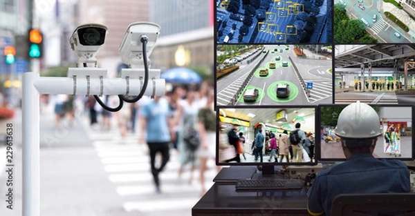 Fototapeta Analiza Machine Learning identyfikuje technologię osób w inteligentnym mieście, sztuczną inteligencję, duże zbiory danych, koncepcję IoT. Inżynier monitorujący ruch cctv, kamerę bezpieczeństwa i rozpoznawanie twarzy.