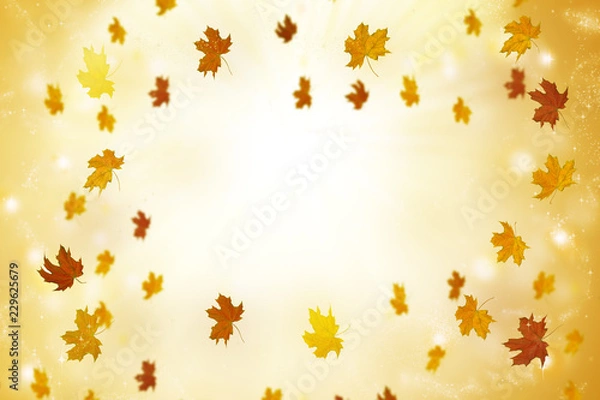 Obraz Abstract autumn background with sun rays and flying leaves.