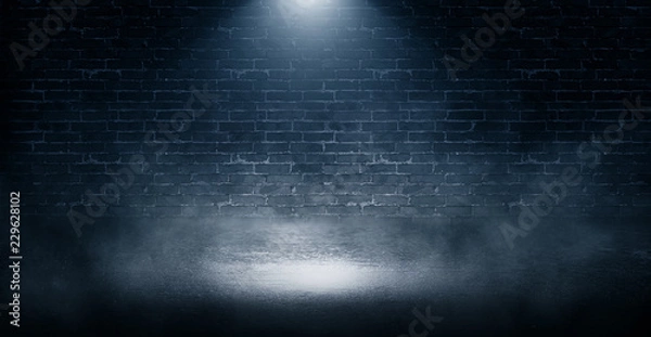 Obraz Tło pustego muru z cegły, betonowej podłogi, światła neonowego, przypalenia