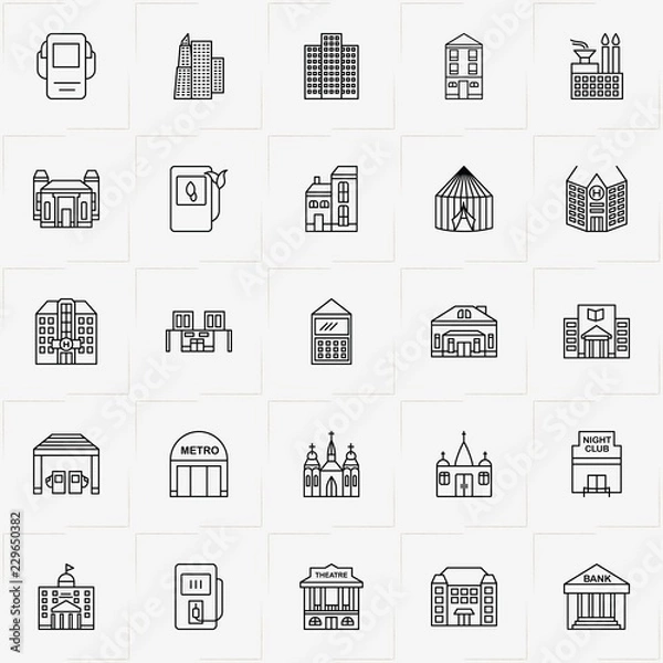 Fototapeta City Building line icon set with hospital , building and municipality house