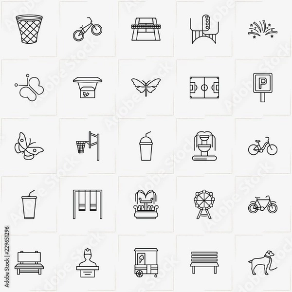 Fototapeta City Park line icon set with fountain , parking sign  and ferris wheel