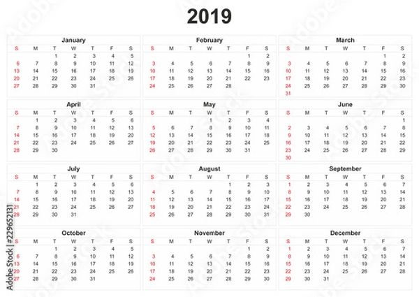 Obraz 2019 calendar with white background.