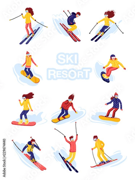 Fototapeta Vector skiers and snowboarders cartoon flat style. Men and women in the ski resort. Winter sport activity. Simple characters. Isolated on white background