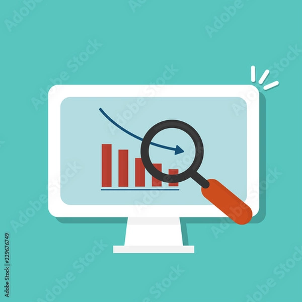 Fototapeta Magnifying glass showing decrease graph on the computer vector