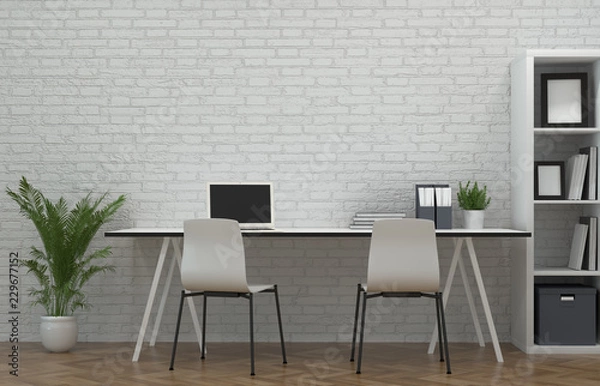 Fototapeta White chair,shelves in front of a white brick wall co working sace Model Home office Meeting rooms have computers,notebooks. Business 3d rendering,Recruitment