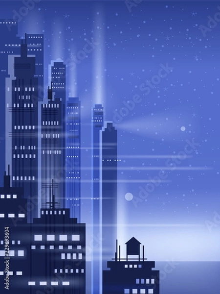 Fototapeta Night city, city scene, skyscrapers, towers, starry sky, lights, horizon, perspective, background, vector, isolated