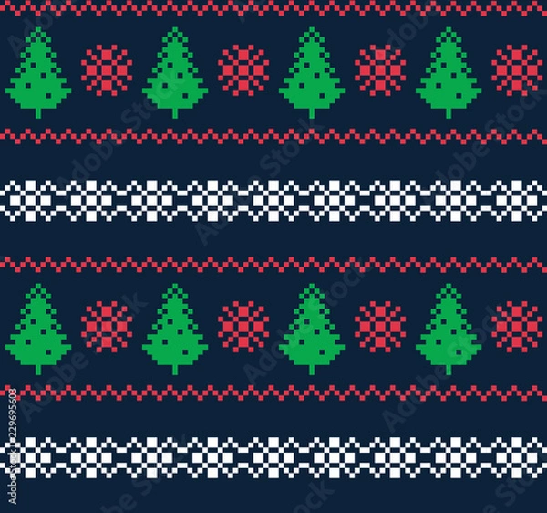 Fototapeta Scandinavian patterns, pixel seamless pattern. Green firs, red snowflakes and zigzags