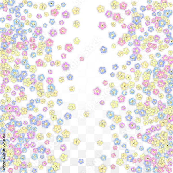 Fototapeta Blue Vector Realistic Blue Petals Falling on Transparent Background.  Spring Romantic Flowers Illustration. Flying Petals. Sakura Spa Design. Blossom Confetti. Design Elements for Wedding Decoration.