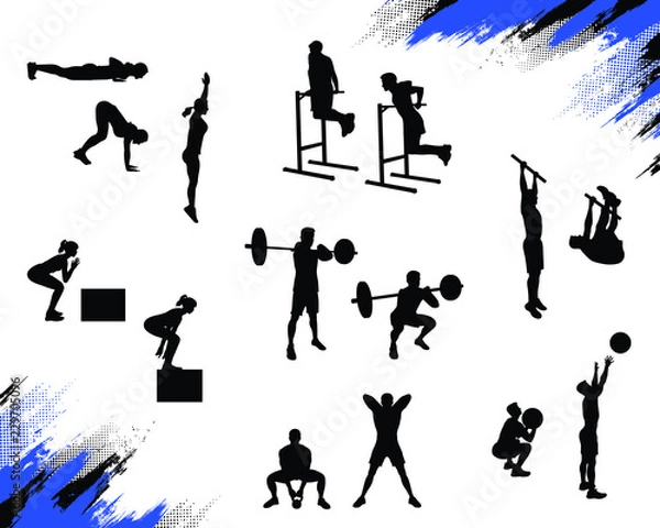 Fototapeta Athlete silhouettes doing different crossfit exercises and working out isolated on white. Burpee, front squat, toes to bar, box jump, wallball, kettlebell sumo pull, dips. Vector for web and print.